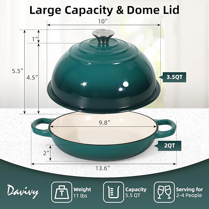 Davivy 5.5QT Enameled Cast Iron Dutch Oven with Lid, Dutch Oven for Sourdough Bread, 10" Round Sourdough Bread Oven, Bread Cloche for Bread Baking, with Silicone Bread Sling - Gradient Teal