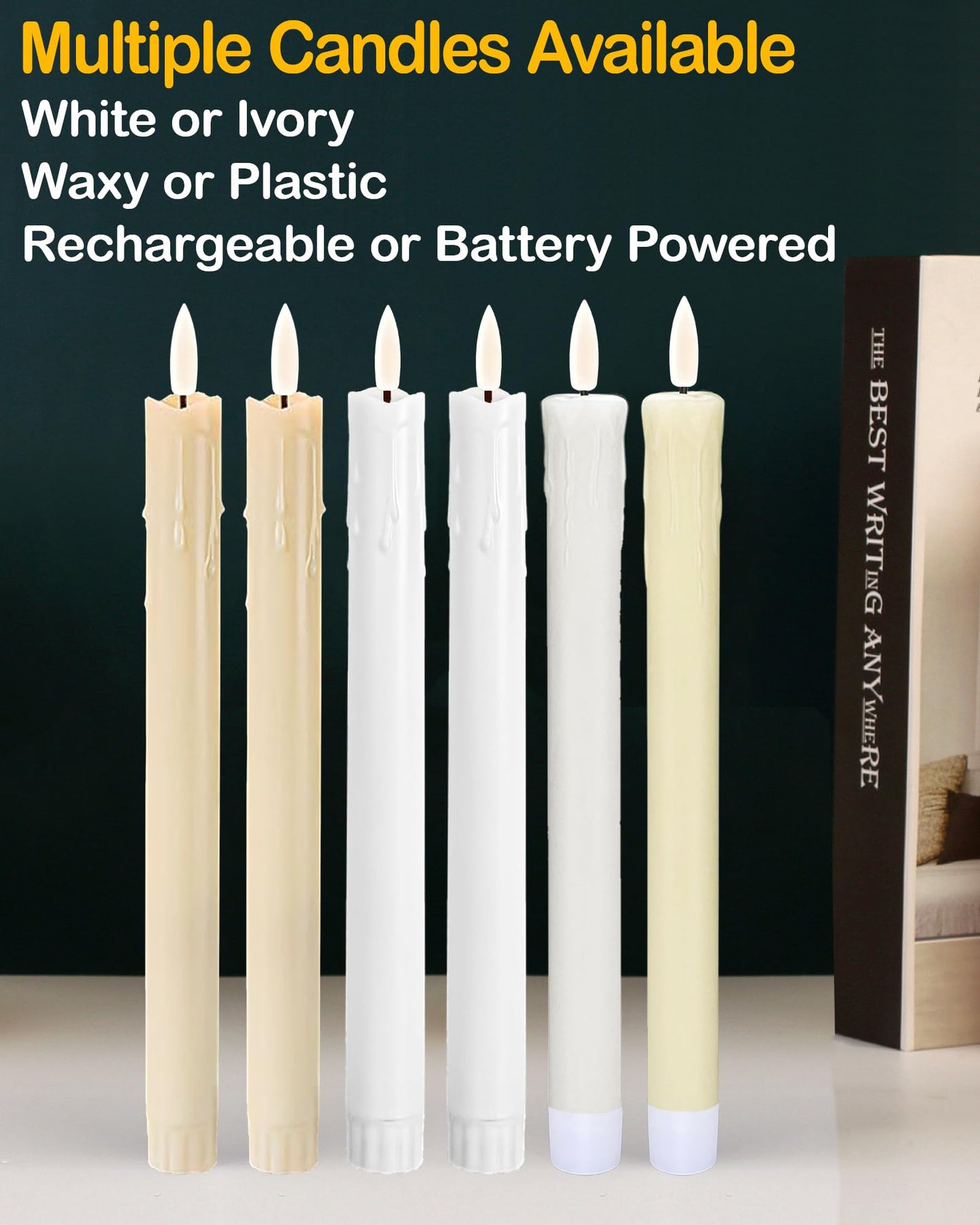 Gmnee 9.6" Rechargeable Flameless Taper Candles with Remote, Timer, Dimmer, Ivory LED CandleSticks, 6 Pack Long Candles Battery Operated for Window, Table, and Mantel Decor