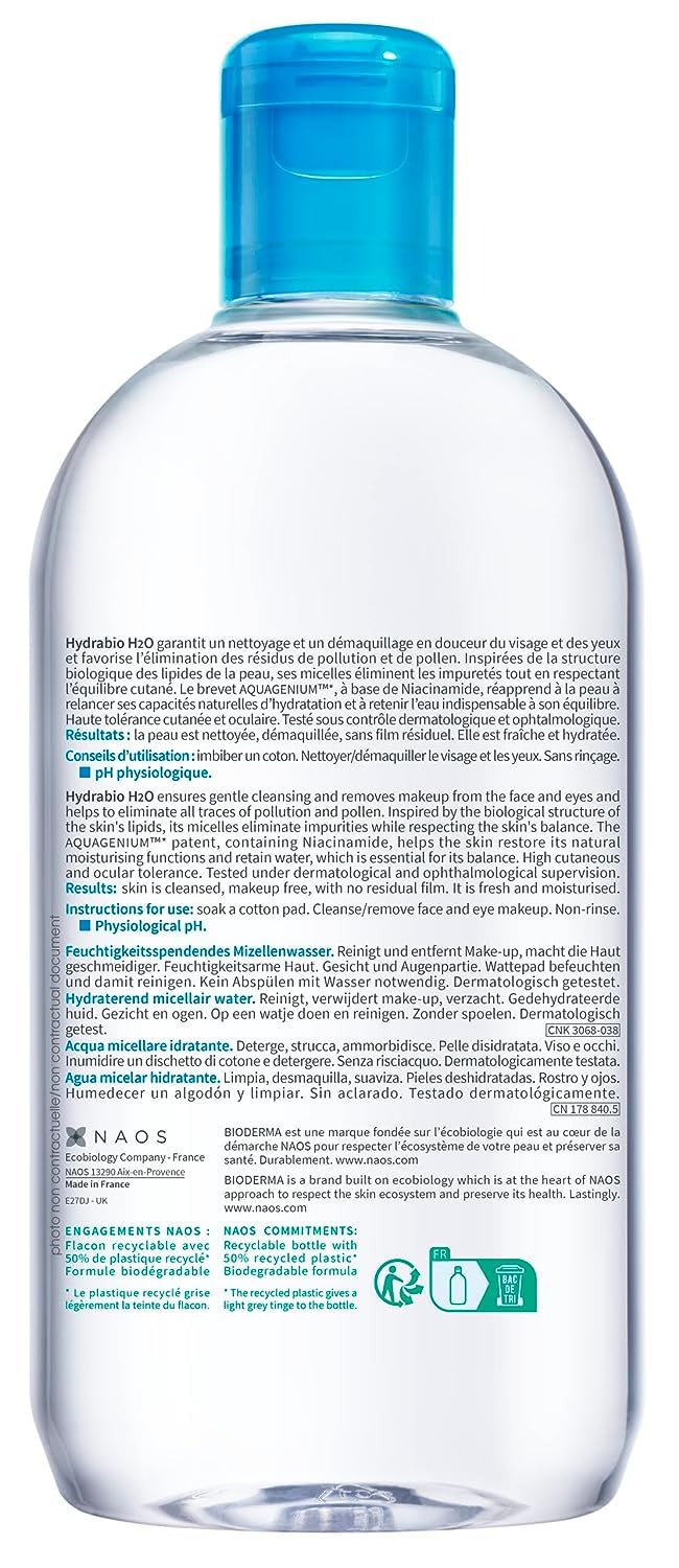 Bioderma - Hydrabio H2O - Micellar Water - Cleansing and Make-Up Removing - for Dehydrated Sensitive Skin , 16.91 Fl Oz (Pack of