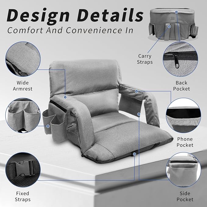 Stadium Seats with Back Support,Wide Stadium Chairs with Back and Cushion, Sofa Style Stadium Seats, 6 Reclining Positions, Extra Thick Bleacher Seat for Sports Events (Grey-2 Pack, Wide|22.5")