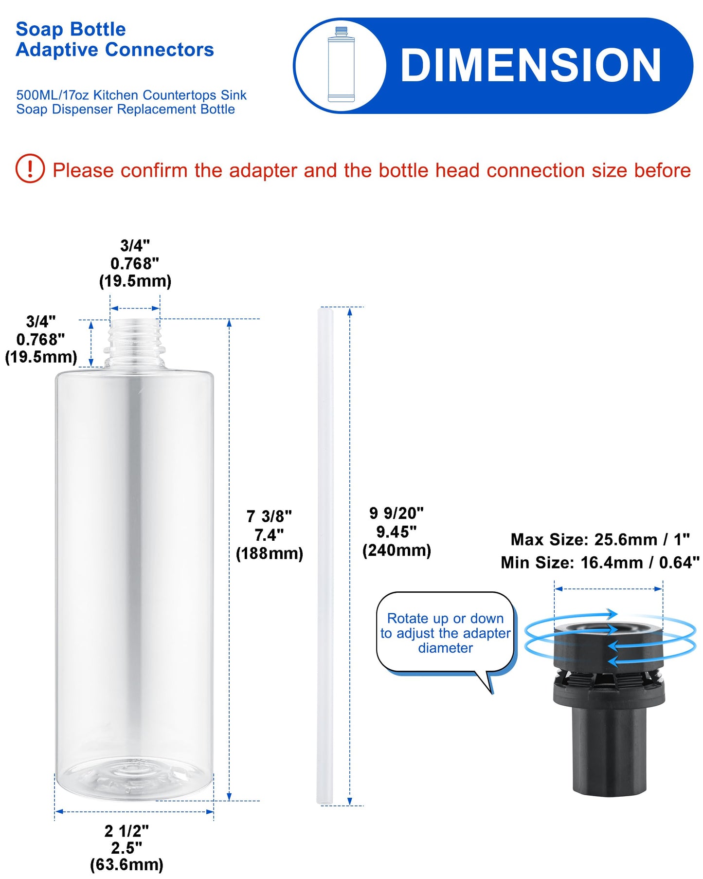 Updated Soap Dispenser Bottle for Kitchen Sink Replacement - 500ML/17oz Soap Bottle - A Replacement for Your Soap Dispenser, Please Confirm the Adapter Maximum Connection Size Before
