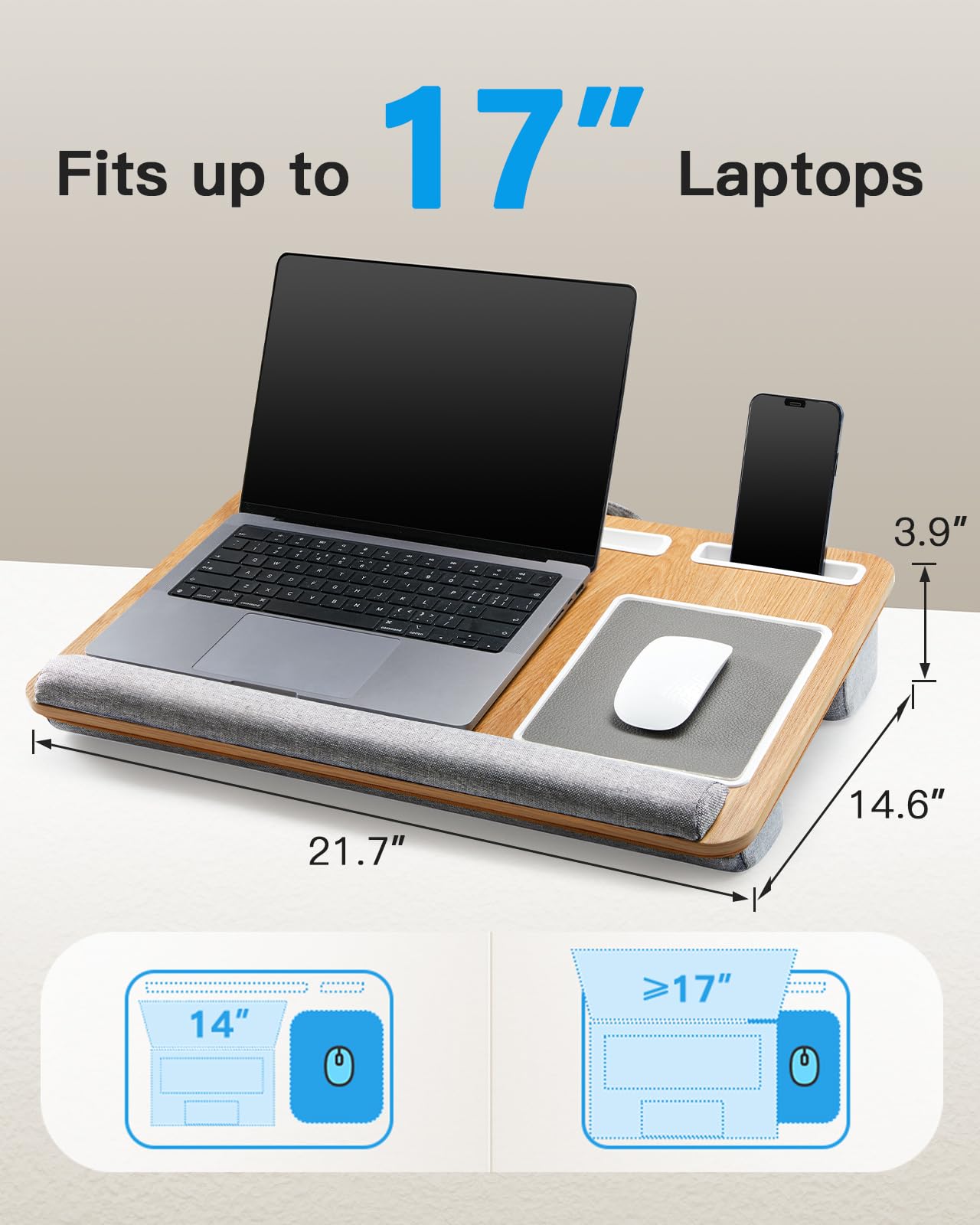 HUANUO Lap Desk - Fits up to 17 inches Laptop Desk, Built in Mouse Pad & Wrist Pad for Notebook, Laptop, Tablet, Lap Stand with Tablet, Pen & Phone Holder (Wood Grain)
