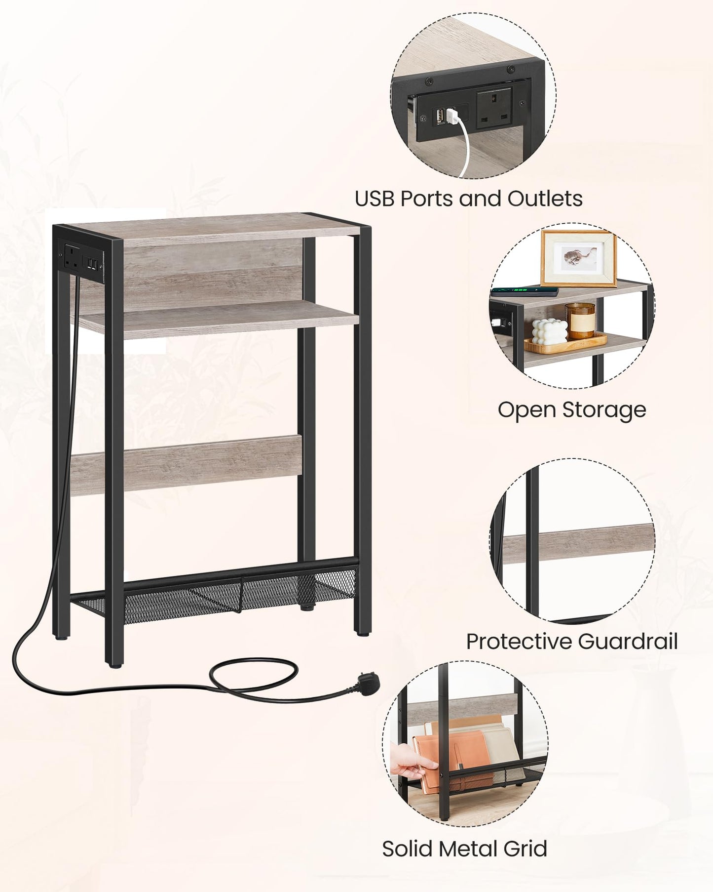 CHOEZON Side Table with Charging Station, Narrow End Table, Slim Nightstand for Small Space, Skinny Beside Table with Storage, for Living Room, Bedroom, Greige and Black DTBZ05KBH