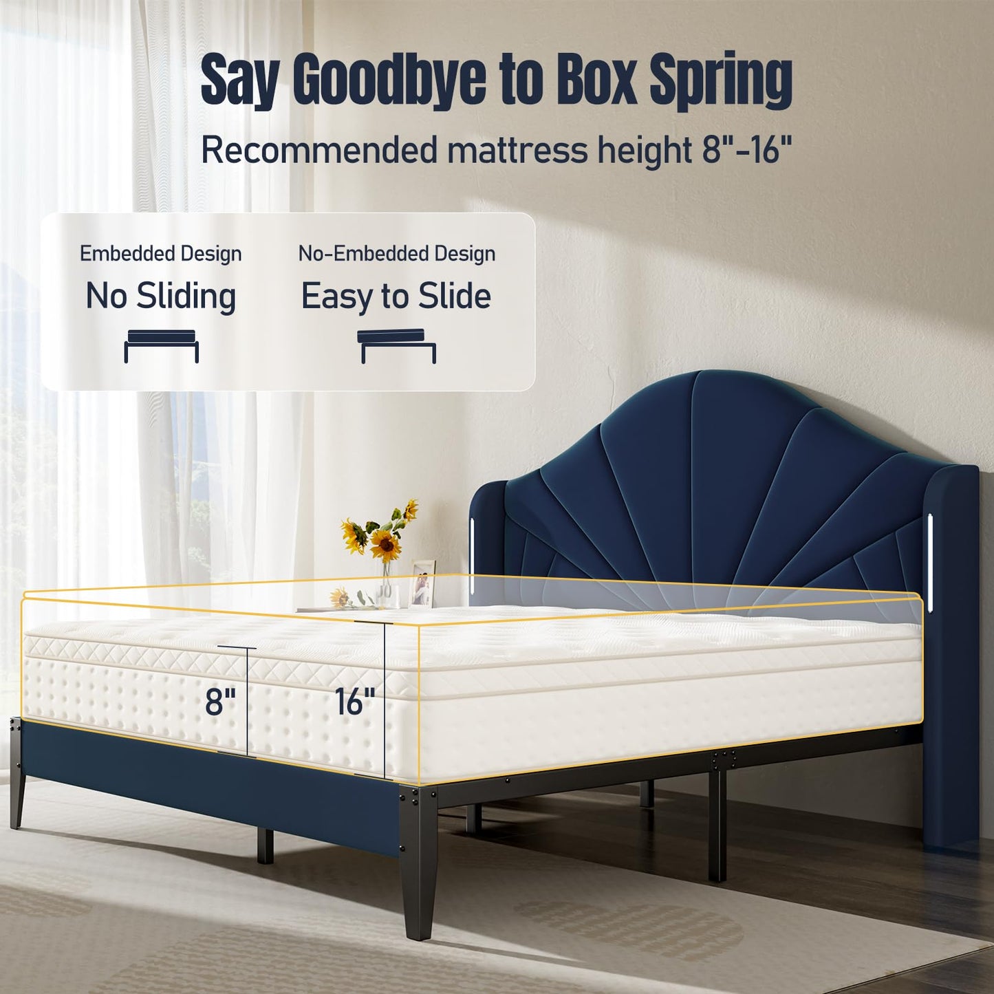 LegacyAmerhome Queen Size Bed Frame with Headboard Touch LED Lights, Wingback Upholstered Platform Bed Queen Size Modern Design No Box Spring, Easy Assembly Contemporary Sleep Solution, Velvet Blue