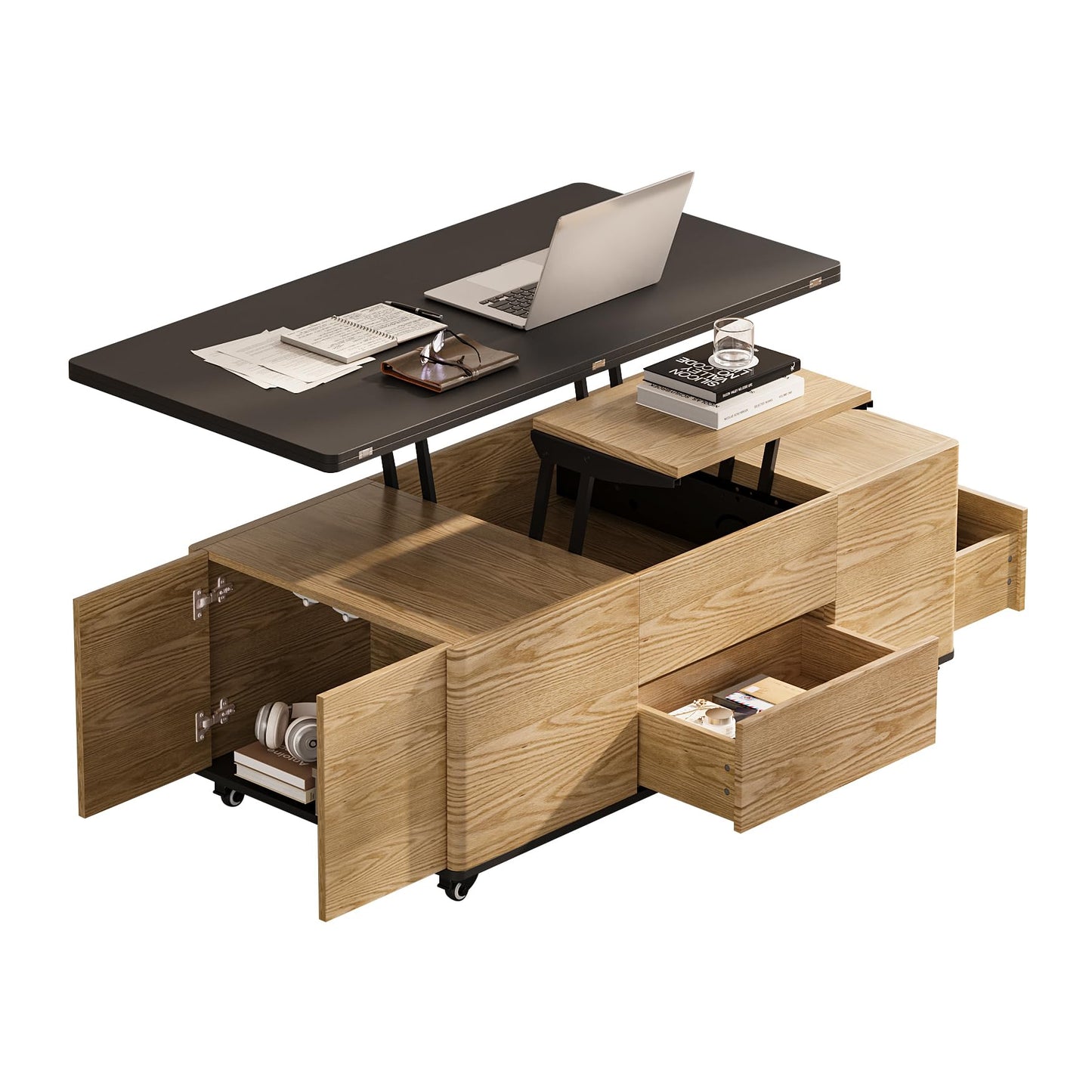 homary Modern 47" Lift-Top Coffee Table, Black & Walnut with 3 Drawers, 2 Open Storage Compartments, Hidden Cabinet, Convertible Dining Office Table for Living Room Small Spaces