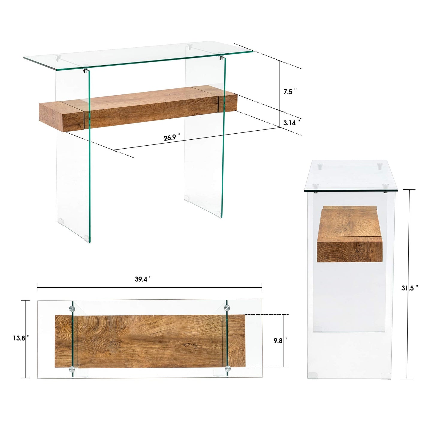 ivinta Glass Console Table with Storage, 39.4" Modern Narrow Entryway Table for Living Room, Entrance, Hallway or Bedroom 5101 (Natural Wood)