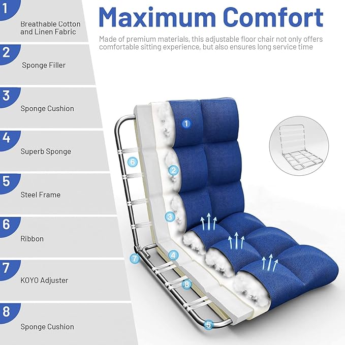GORELAX Floor Chair with Back Support, 14-Poistion Adjustable Folding Gaming Chair Recliner, Meditation Chair with Steel Frame, Padded Lazy Sofa Chair for Adults, Kids (Blue)