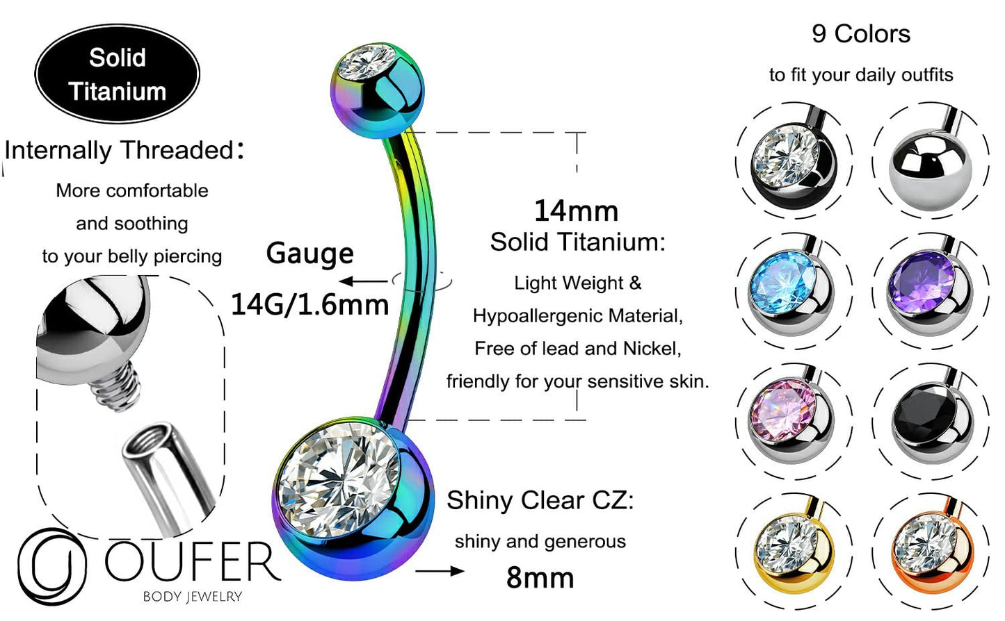 OUFER Titanium Belly Button Rings, Internally Threaded 14mm Long Belly Ring, Round CZ Navel Rings for Women Men (Rainbow)