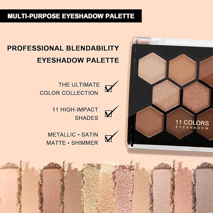 Boobeen 11-Color Eyeshadow Palette - Matte & Shimmer, High Pigment Creamy Eye Shadow Powder, for Dramatic Day to Night Looks, Blendable & Neutral