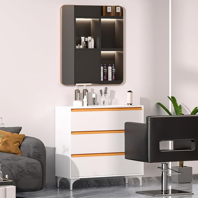 OmySalon Salon Station for Hair Stylists, Free Standing Barber Cabinet with 3 Drawers, Hair Dryer Holders & Square Mirror, Modern Beauty Vanity for Salon, Spa, Bedroom, White Gold