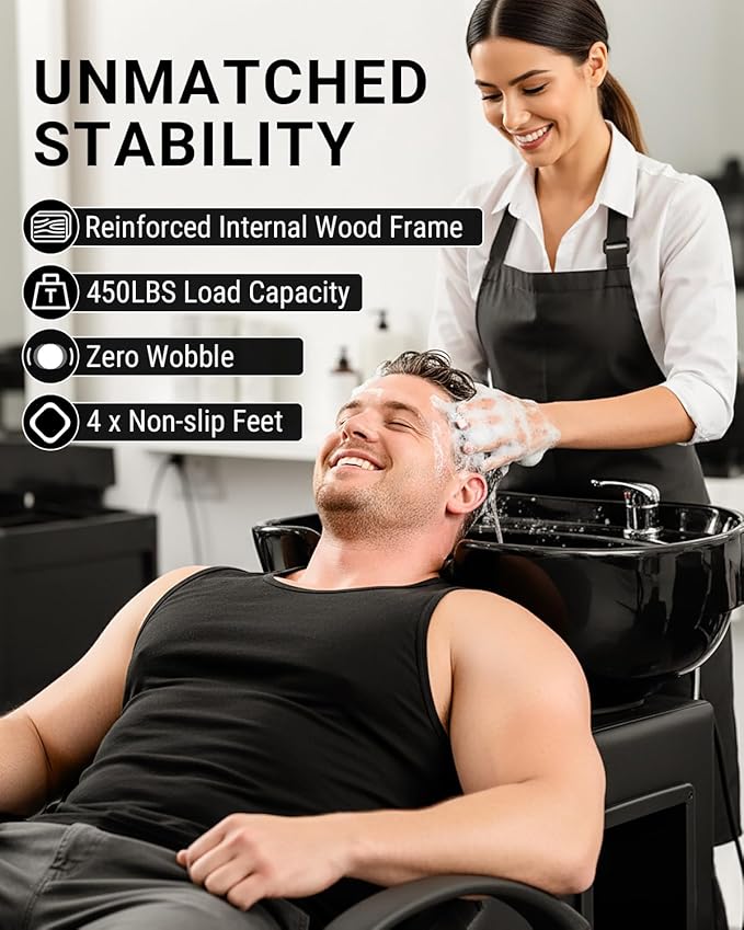 Shampoo Bowl and Chair Set for Salon, Hair Washing Station for Hair Stylist, ABS Shampoo Bowl Sink Chair with Side Store Compartment for Spa Beauty Barbershop, Black