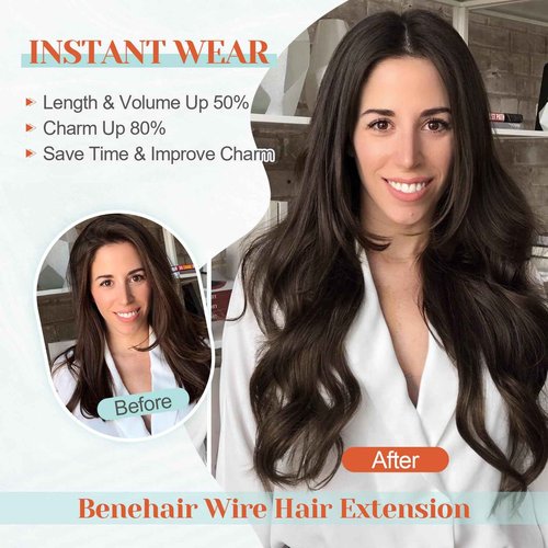 Benehair Miracle Wire Hair Extension for Women Real Human Wavy Invisible Wire Adjustable Natural Black Hair Extension 16inch for Thinning Hair #1B