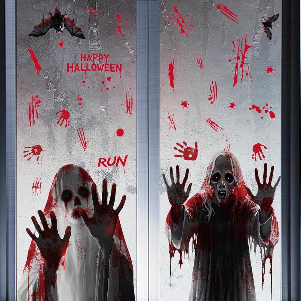 Halloween Window Clings Decorations - Scary Ghost & Death Stickers Scary Halloween Party Blood Stickers Decor for Home Classroom Windows Indoor/Outdoor Use - 8 Sheets