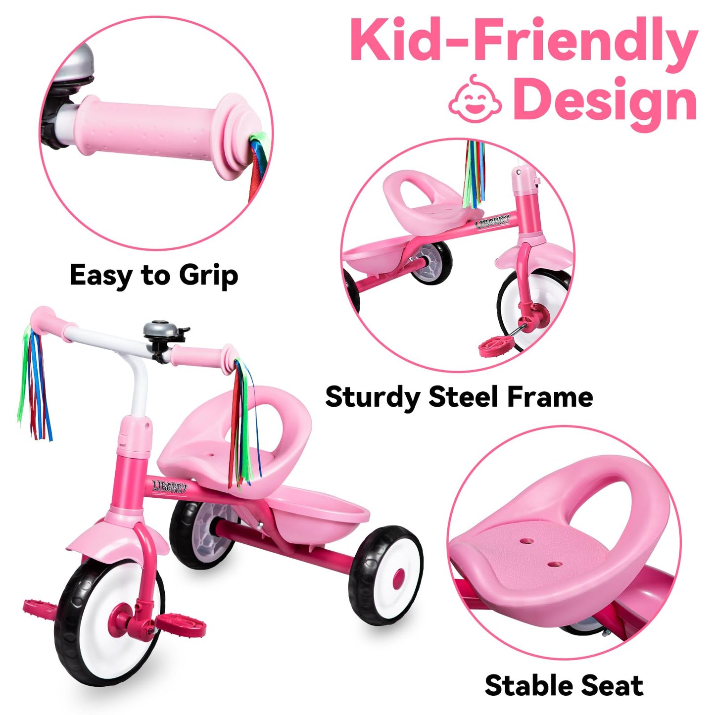 Liberry Toddler Tricycle Age 2 3 4 Years Old, Kids Trike with Bell, Back Basket and Removable Pedal, 3 Wheel Bike Birthday Toys Gift for Boys Girls, Pink