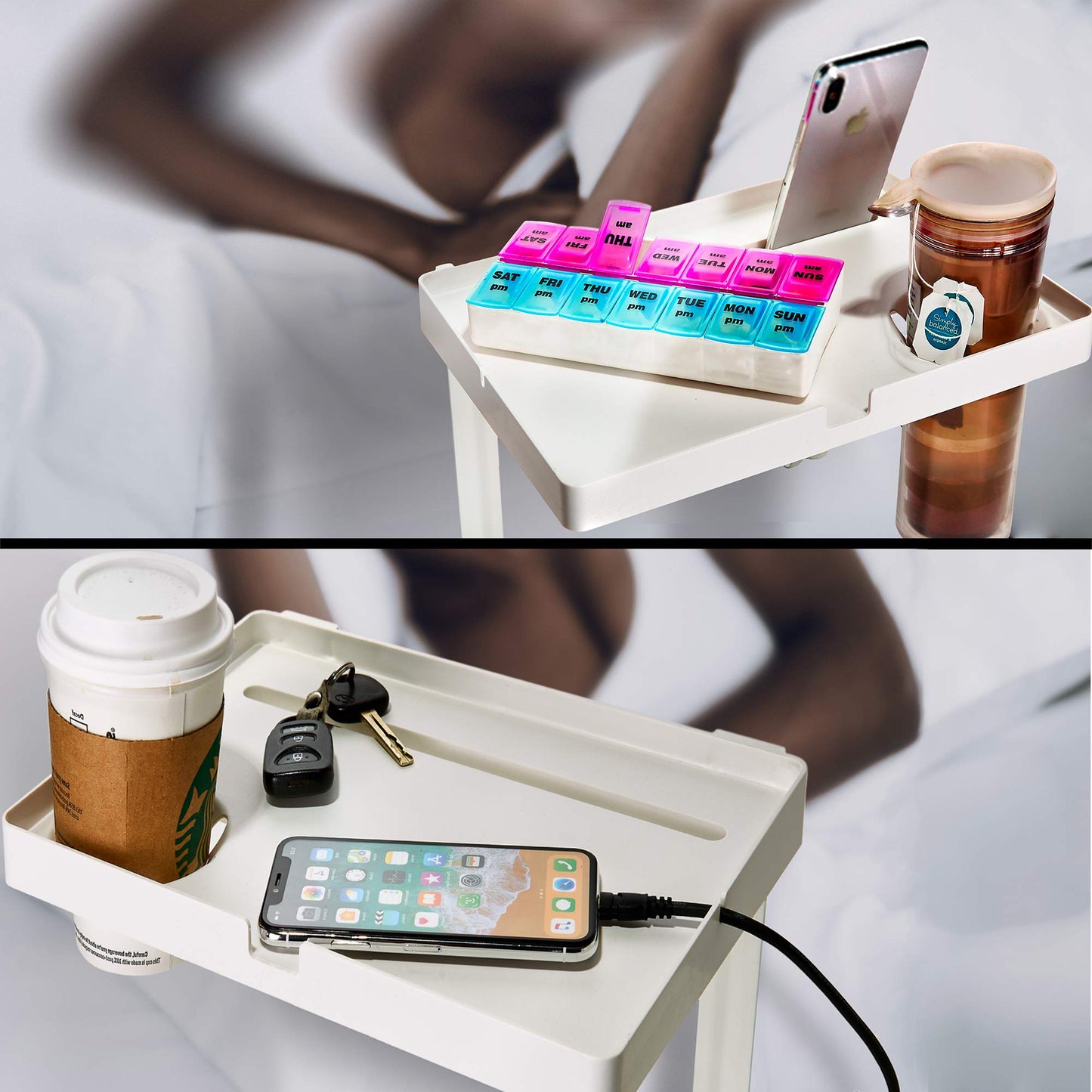 Aleratec Bedside Shelf and Mattress Tray Nightstand with Built in Cup Holder and Tablet or Phone Slot | Night Accent Table Bed Stand - White