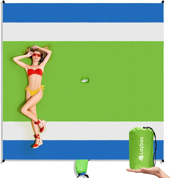 Laybax Green Water-Resistant, Sandproof 10x9ft Beach Blanket With Umbrella Hole–Beach Mat, Compact and Lightweight, Stuff ...