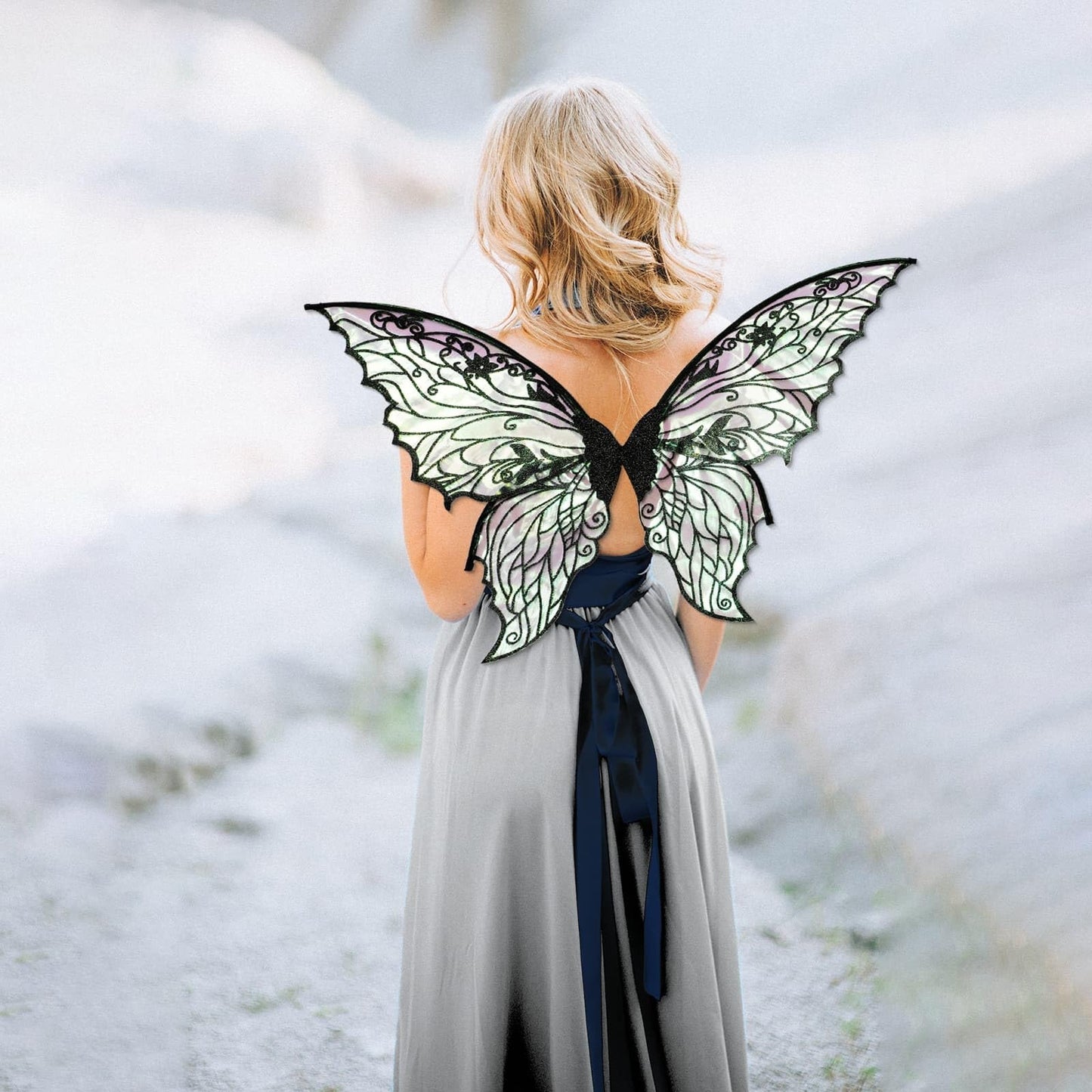 YKW Fairy Wings for Women with Lace Gloves, Large Butterfly Cosplay Wings, Iridescent Costume Wings for Party Photography Props Adult Dress Up Accessories(Black)