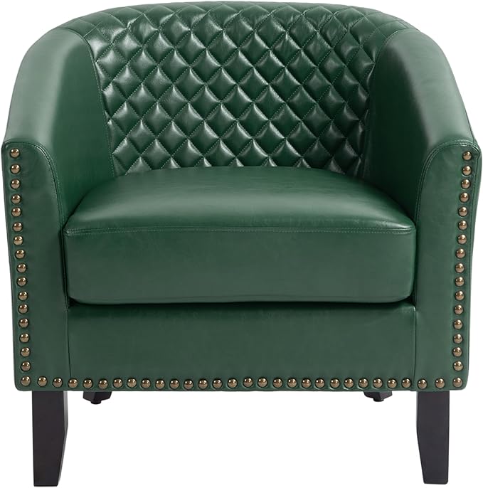 UIXE Faux Leather Barrel Accent Chairs Set of 6, Modern Club Upholstered Arm Chair, Comfy Armchair Nailed Trim Living Room Single Sofa Reading Seat Bedroom Side Sitting for Office, Green
