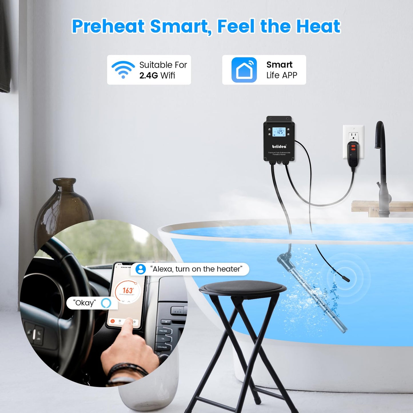 Briidea 120V 1500W WiFi Portable Electric Immersion Water Heater, Compatible with Smart Life APP, Compatible with Alexa, Google Assistant, Anti-Corrosion Sensor, Rapid Heating in Minutes