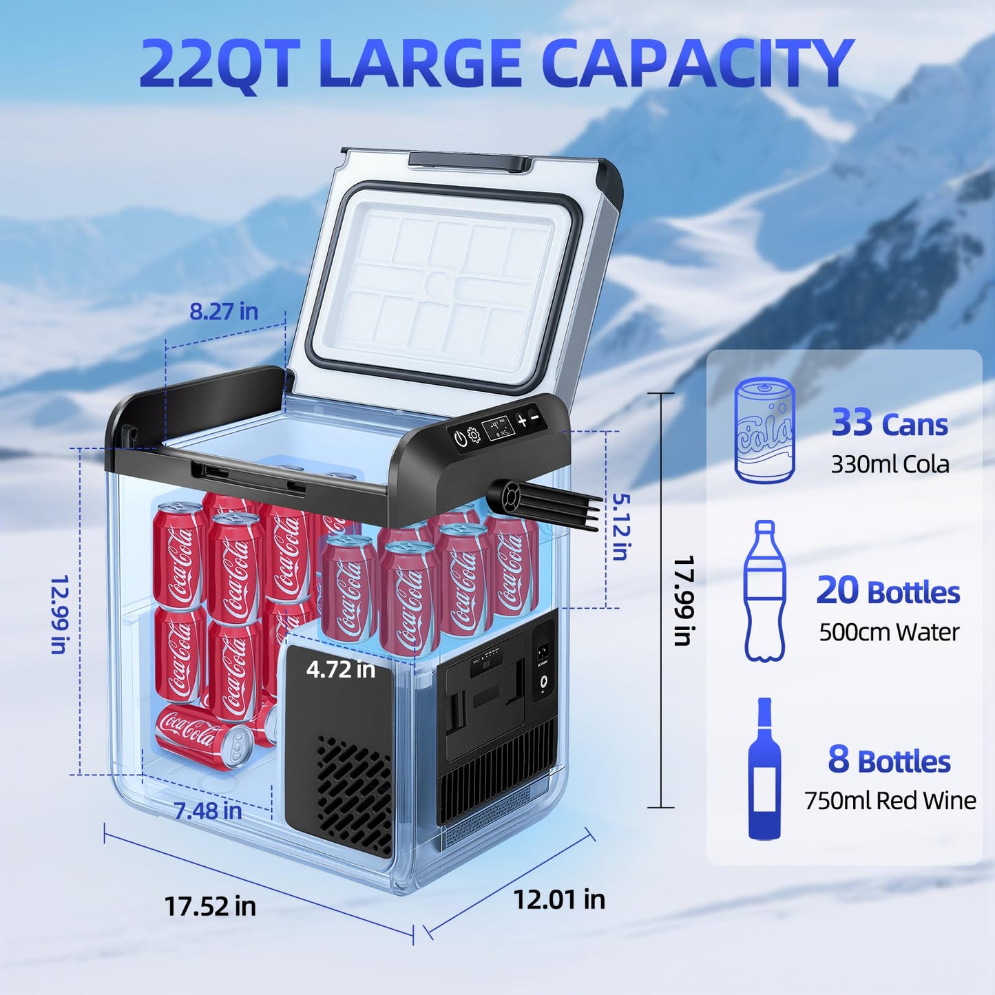 Tecnolove Car Refrigerator Freezer, 22QT Car Fridge Compressor Cooler for Vehicle Use, Dual Power 12V/24V DC & 110-240V AC, -4°F to 50°F for Truck, RV, SUV