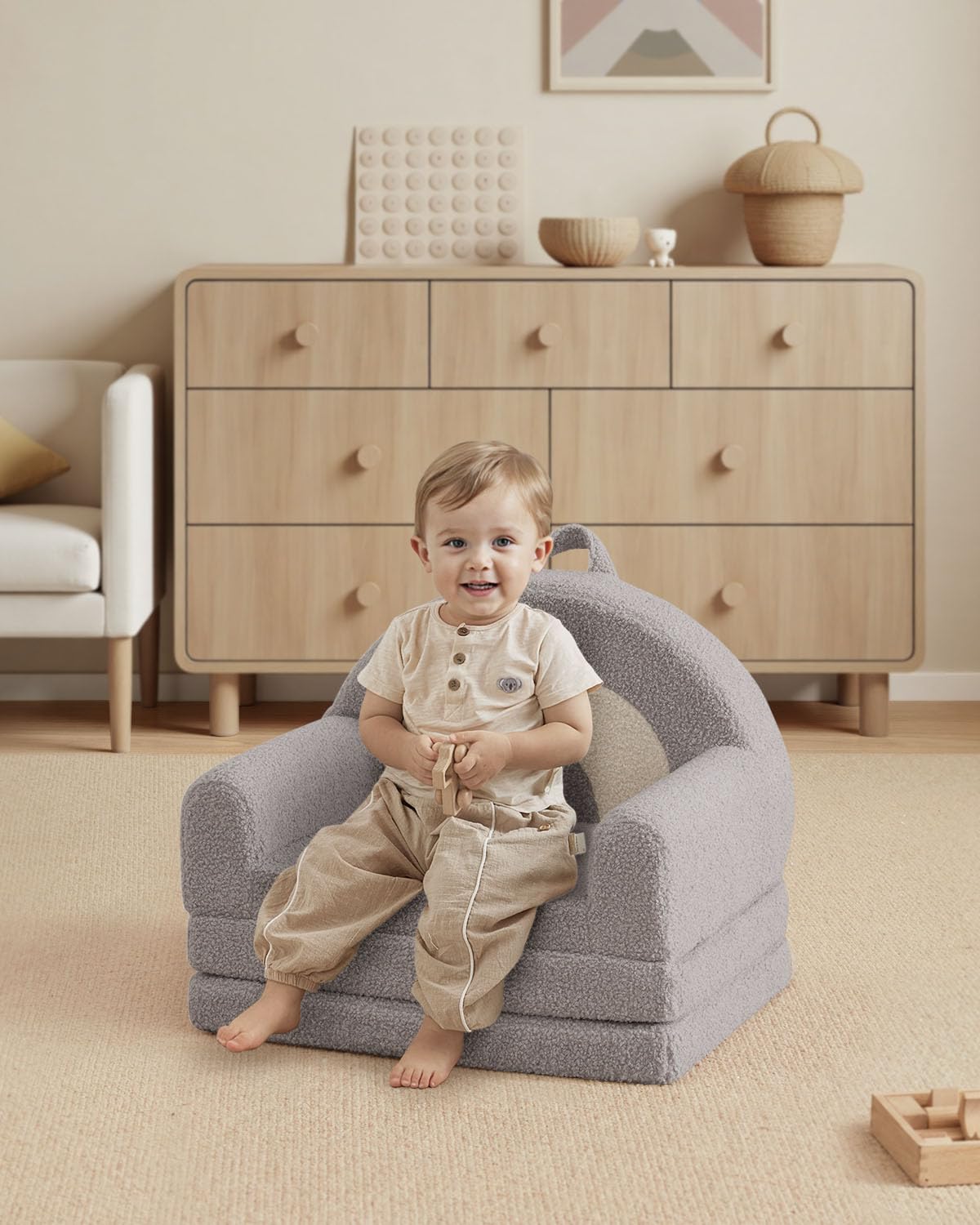 Blissful Diary Foldable Toddler Couch, 2-in-1 Comfy Toddler Chair & Lounger for Reading, Nap, Playroom, Kids Couch Sofa for 1 2 3+ Year Old Girls Boys Birthday Gift, Light Gray Arclet