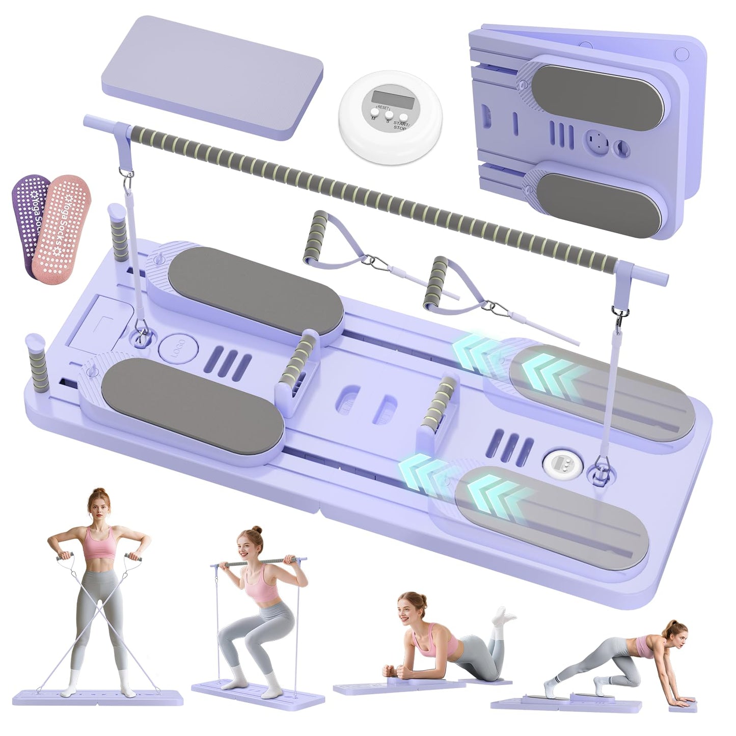 Lazolloa 5 in 1 Pilates Board, Foldable Pilates Reformer Set with Resistance Bands, Portable Pilates Sliding Board, Trainer Machine for Home Workout, Ab, Core, Fitness, Exercise, Purple
