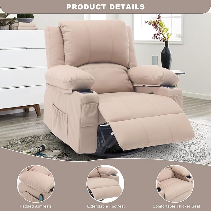 Massage Swivel Rocker Recliner with Lumbar Heat, Oversized Comfy Recliners for Living Room, Modern Single Sofa Rocking Chairs for Adults, Manual Rocker Recliner with Two Cup Holders, Beige