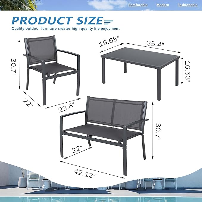 Vongrasig 4 Pieces Patio Furniture Set, Outdoor Patio Conversation Sets, Small Porch Balcony Furniture on Clearance, 4 Piece Patio Set for Deck, Garden, Backyard (Grey)
