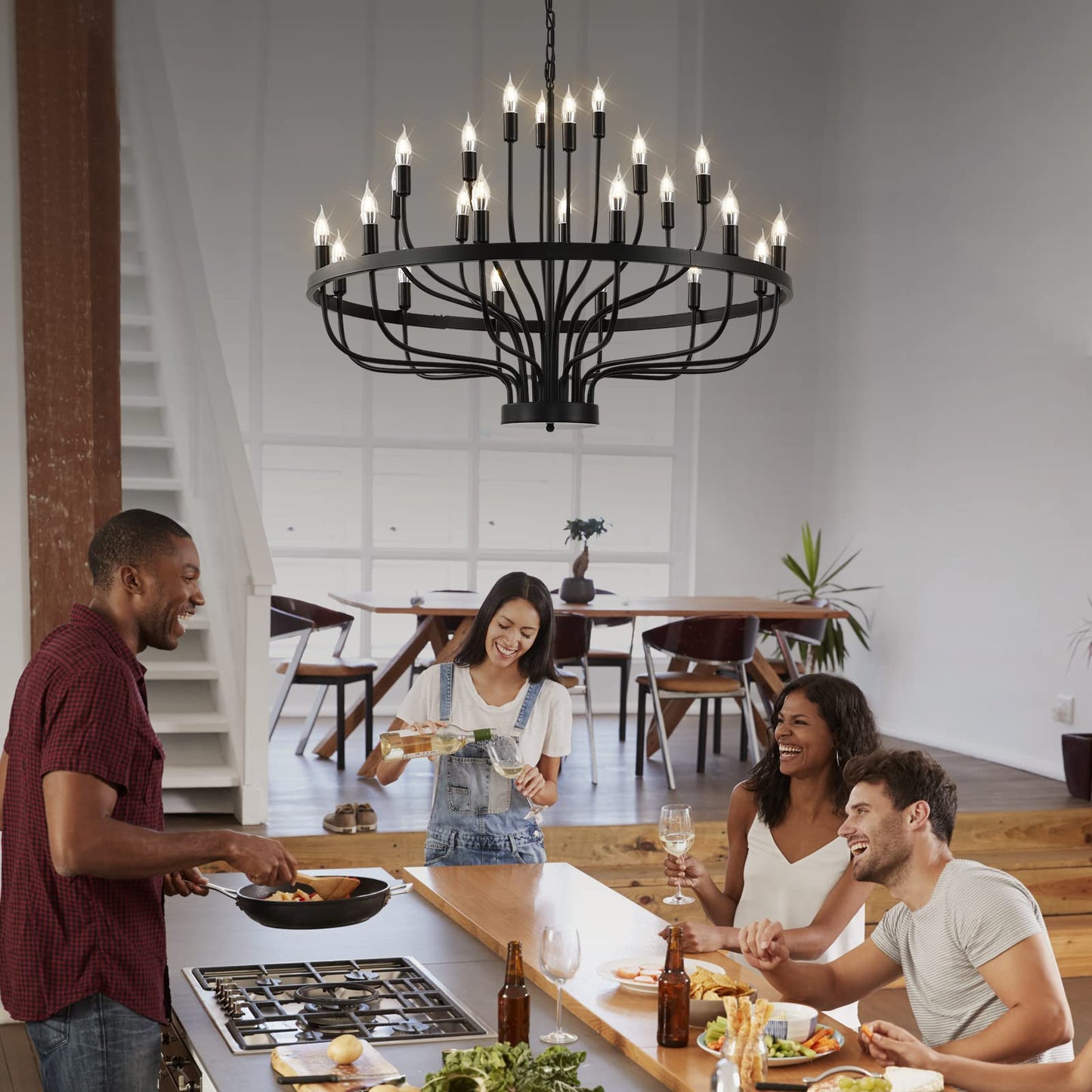 Black Chandelier 24 Light, Modern Farmhouse Chandelier for Dining Room, Round Industrial Candle Chandeliers Light, Wagon Wheel Chandelier 39in 3-Tier for Hallway, Living Room, Foyer, Island Lights