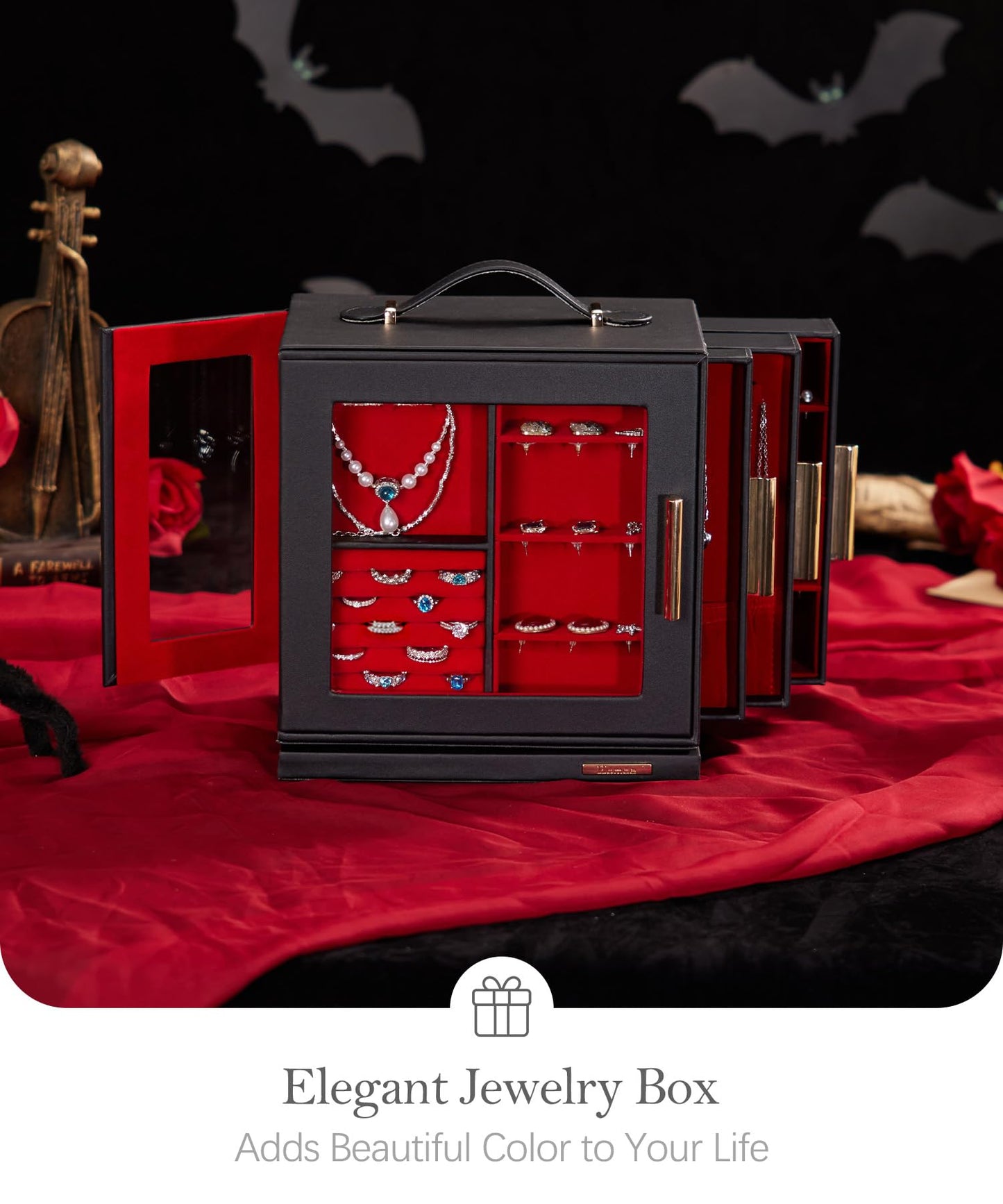 Homde Jewelry Box 360° Rotating, Necklace Earring Organizer with Transparent Window, Mirror, 7 Drawers, Large Ring Display Storage Case for Girls Women (Black + Red)