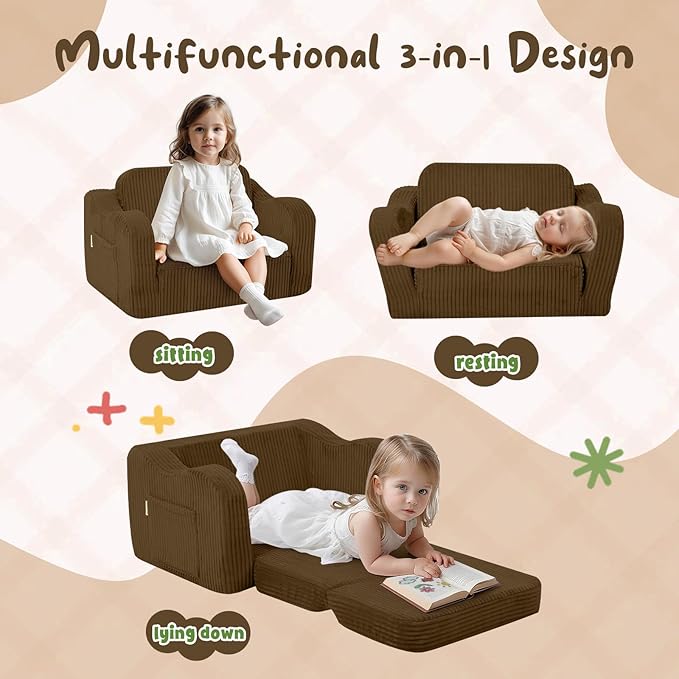 MeMoreCool Toddler Lounge & Sofa Bed Chair – Corduroy, Brown, Ages 1‑3 | 2‑in‑1 Fold‑Out Kids Couch & Pull‑Out Recliner for Playtime, Nap Time & Lounging