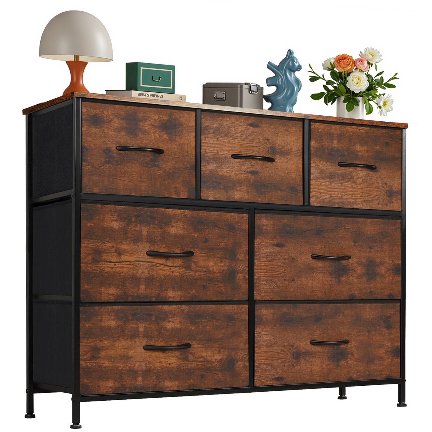 OLIXIS 7 Drawers Dresser for Bedroom, Fabric Storage Tower for Living Room, Entryway - Sturdy Steel Frame, Wooden Top & Easy Pull Fabric Bins, Closet Chests Organizer for Clothes, Classic Rust Brown