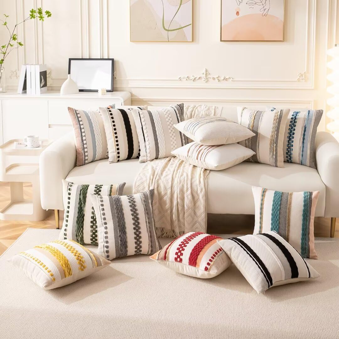 WANLIRD Boho Throw Pillow Covers 18x18 Set of 2 Farmhouse Decorative Cushion Case Striped Square Pillows Cover Chenille Pillow Cases Accent Neutral Pillowcase for Sofa Couch Bed,Orange-Blue