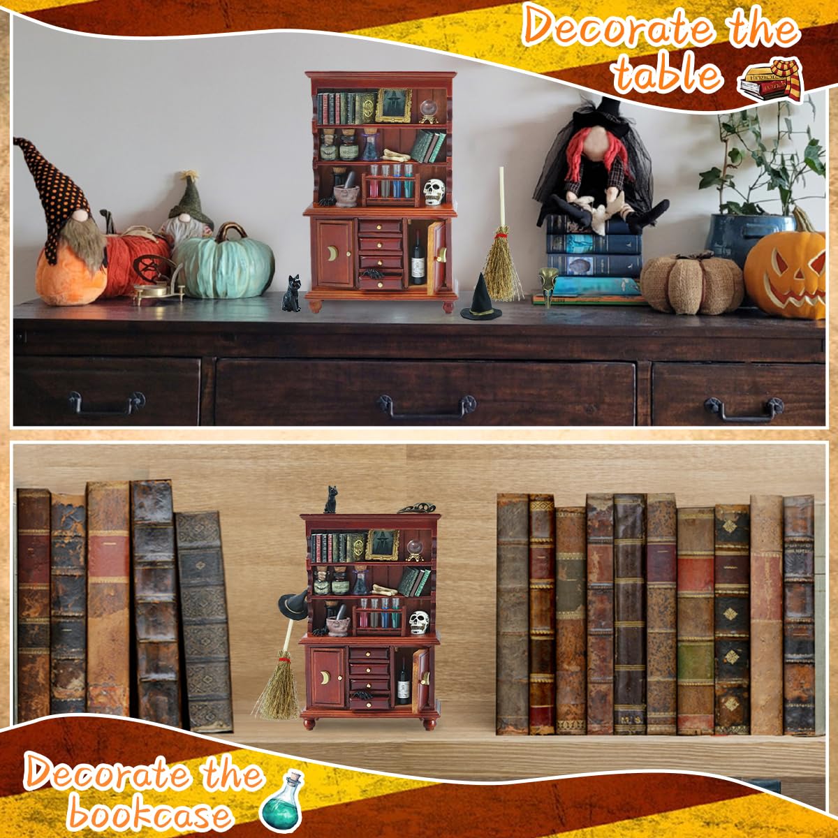 BEIREG Dollhouse Miniatures 1/12 Scale Accessories, Wooden Bookshelf Furniture Set - Magic Bottle&Potion, Witch Frame and Hat, Mini Bookcase, Haunted Dollhouse Halloween Decorations for Kids Gifts