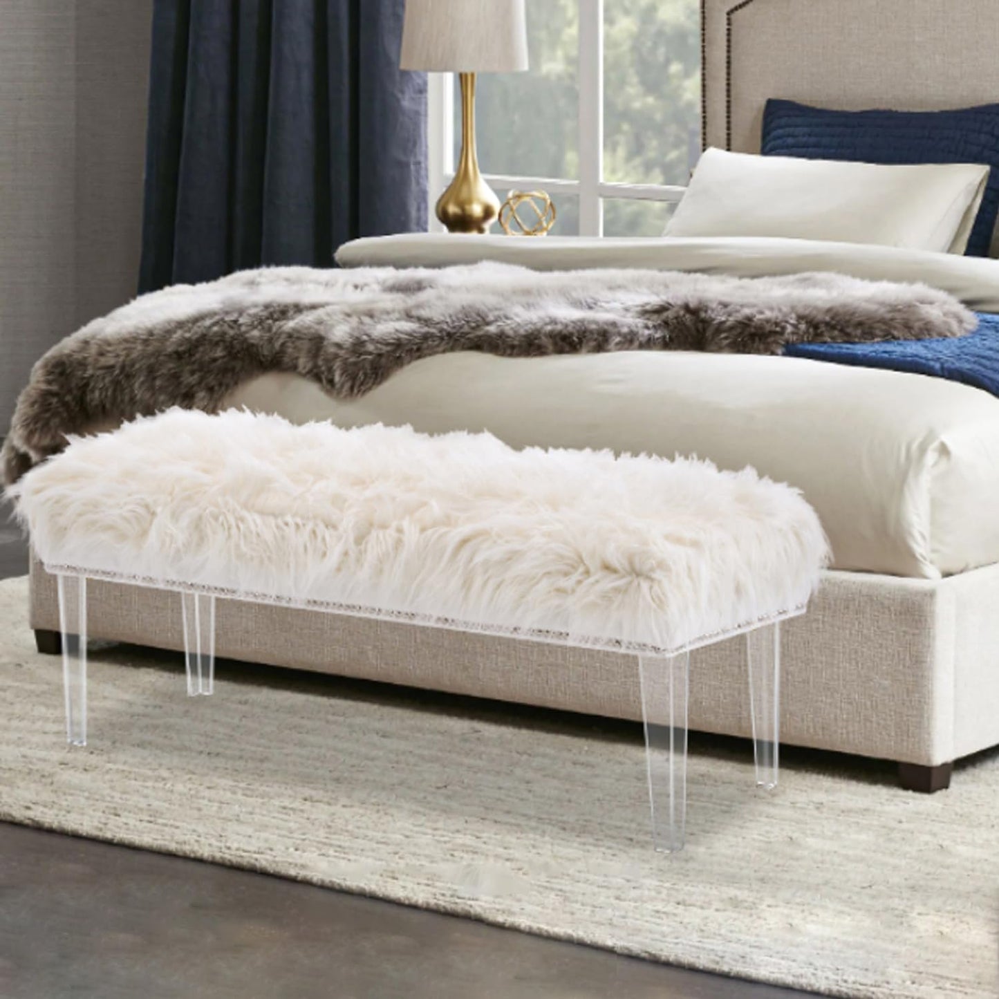 Deenziilix Entryway Ottoman Bench, Faux Fur Foot Rest Stool Shoe Bench, Upholstered Furry End of Bench, Ottoman Bench with Acrylic Legs for Bedroom, Makeup Room, Vanity or Bed End, Gift, White