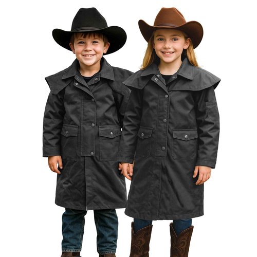 RESISTANCE Unisex Western Oilskin Waterproof Duster Coat, Workwear Kids Rain Coat With Brass Button And Pockets