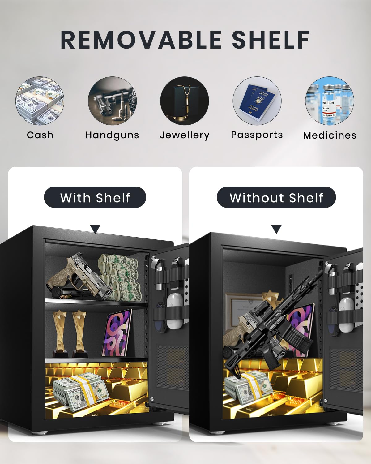 Biometric Safe, 2.0 Cu ft Fingerprint Home Safe Box with Fireproof Waterproof Bag & Key, Security Money Safe for Cash, Jewelry, Valuables, Digital Electronic Keypad, Dual Alarm System