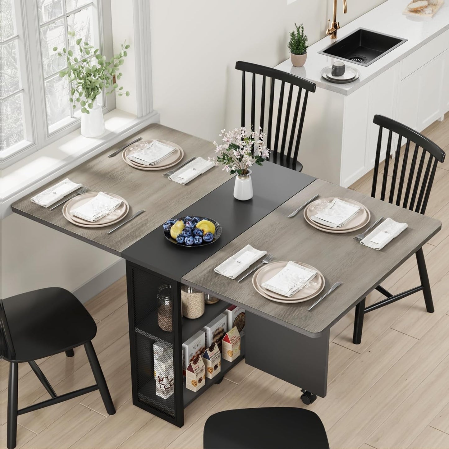 IDEALHOUSE Folding Dining Table, Drop Leaf Dining Table with 6 Wheels and 2-Layer Storage Shelf, Space Saving Dining Table for Small Spaces (Carlo Grey, 50.1" D x 31.4" W x 29.5" H)