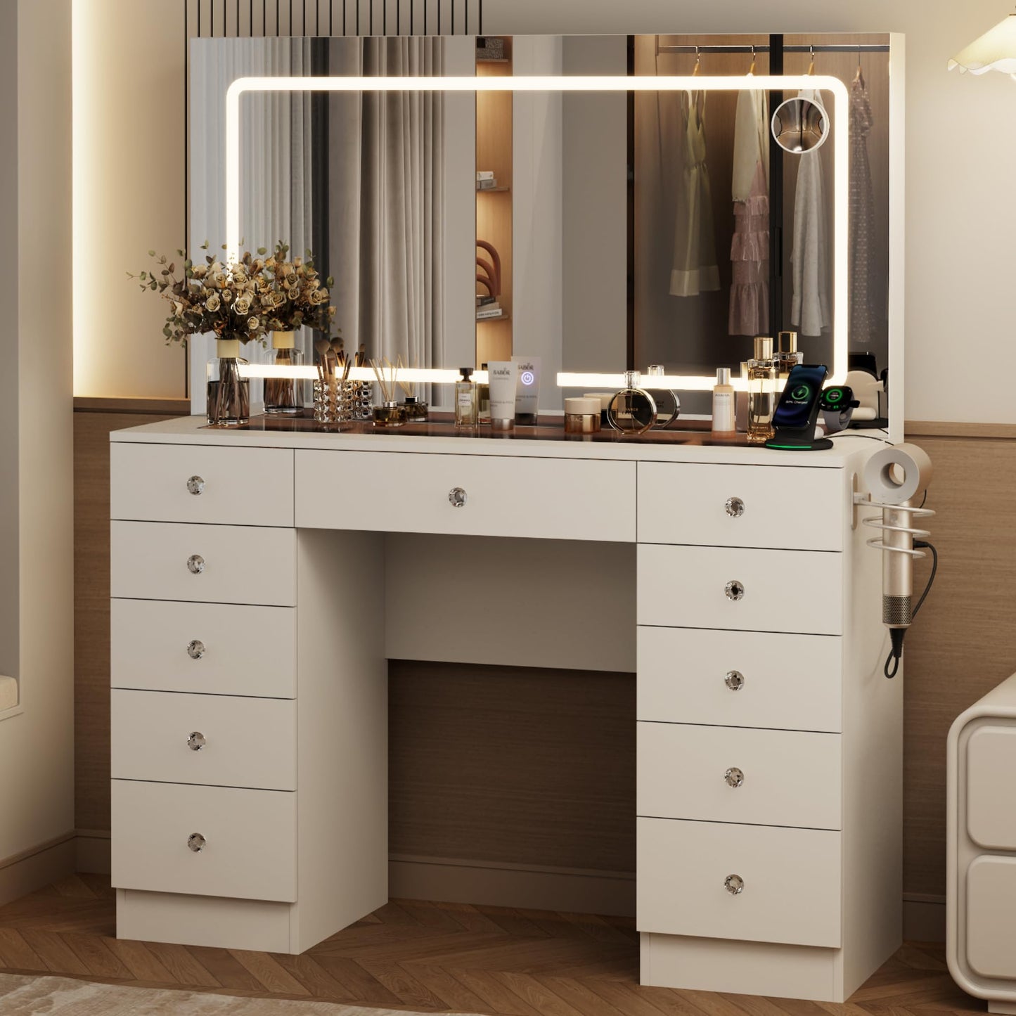 Otterease Vanity Desk with Mirror and Lights, 11 Drawers Makeup Vanity Desk with Tempered Glass top, 3 Lighting Modes Adjustable Brightness, White Vanity with Magnetic 5X Magnifier for Bedroom
