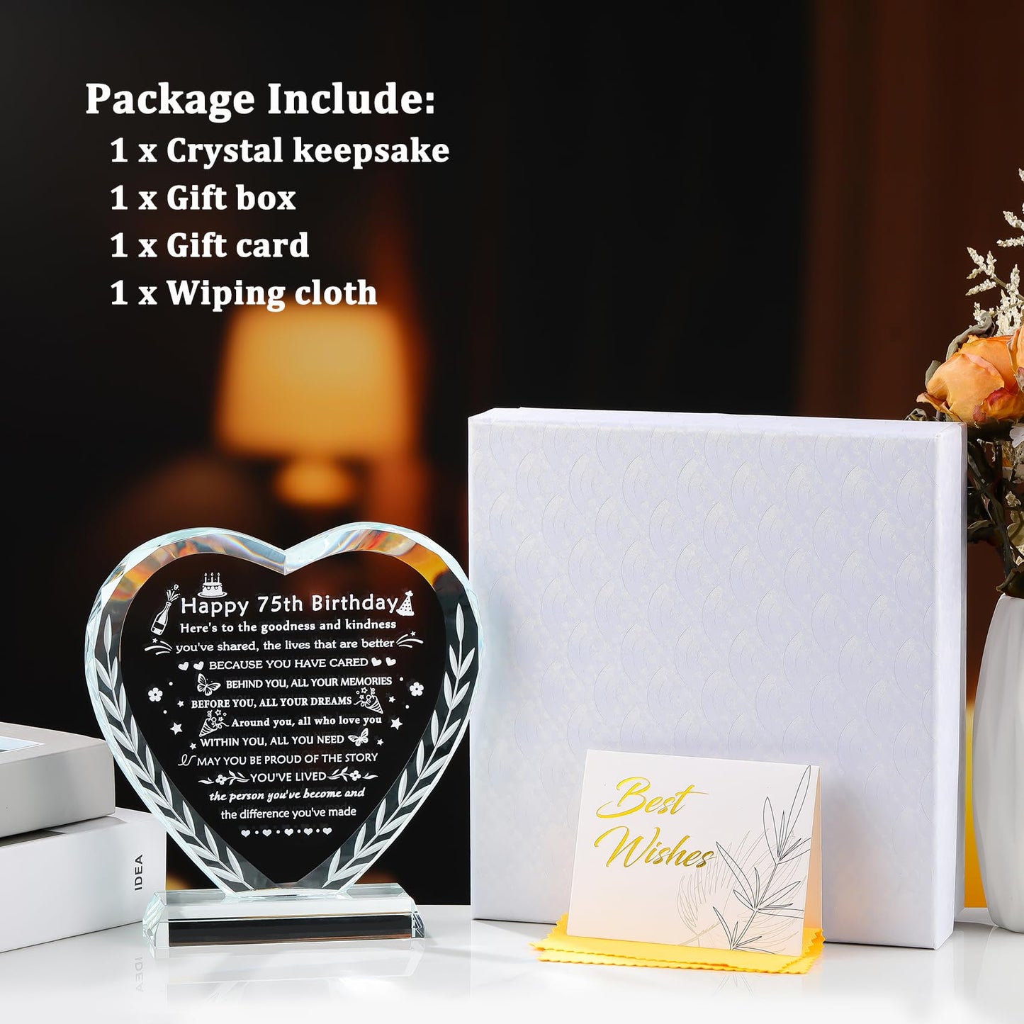 YWHL 75th Birthday Gifts for Women Men, Laser Engraving Crystal Heart Happy 75th Birthday Plaque Decorations, Gifts for 75 Year Old Women Men Mom Dad Grandma Wife Friends