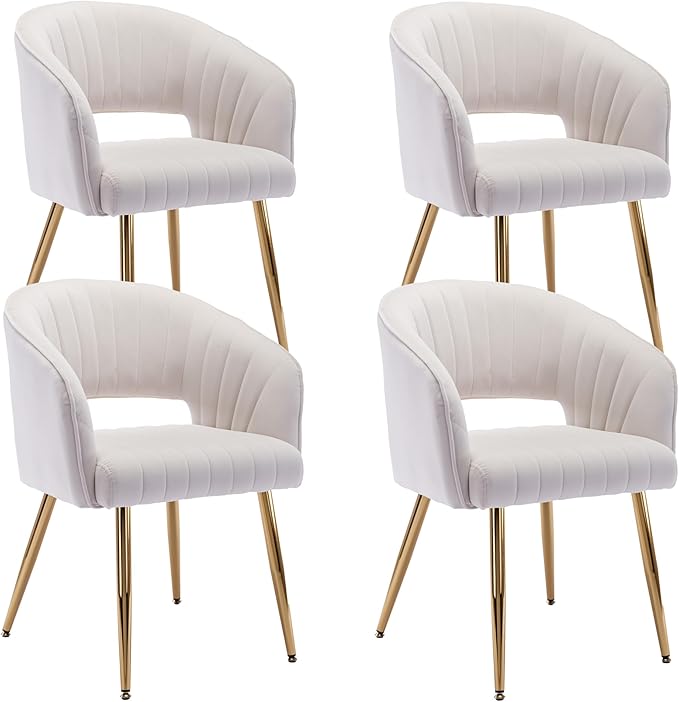 KCC Modern Velvet Dining Chairs Set of 4, Cream, Hollow Back, Tufted Kitchen Chairs Side Chairs with Gold Metal Legs for Living Room