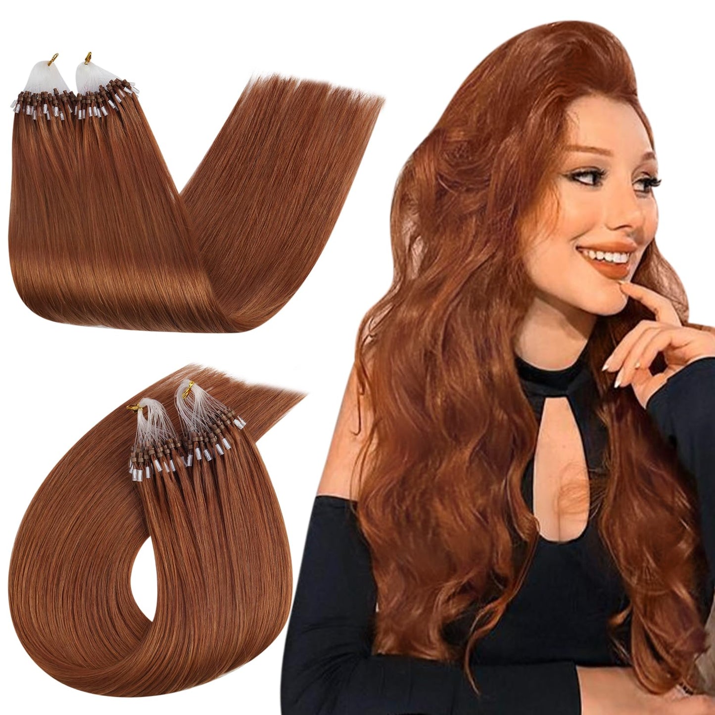 Ugeat Copper Micro Bead Hair Hair Extensions Human Hair Copper Microlink Extensions Human Medium Length 18 Inch Color Micro Loop