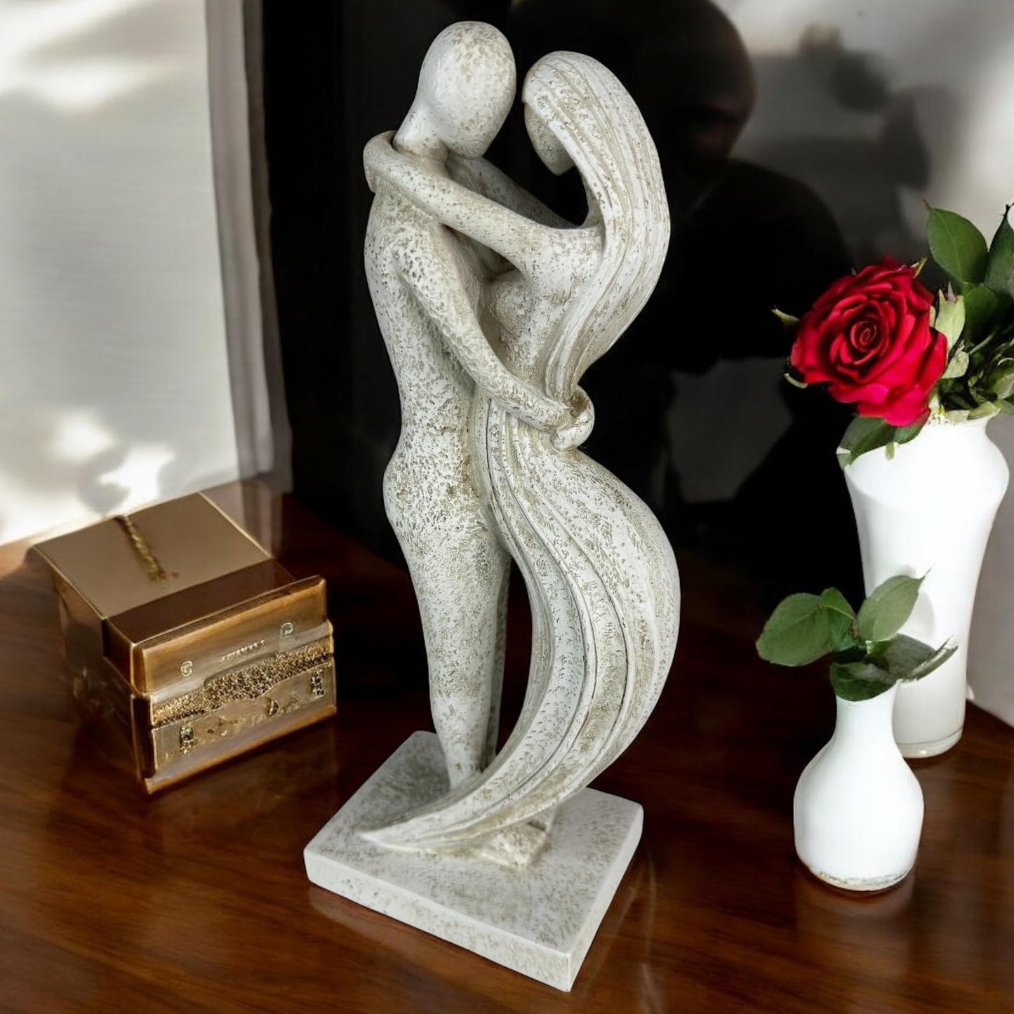 Top Brass Eternal Embrace Romantic Couple Sculpture – 12 1/2” Resin Lovers Statue (Graphite Kiss & Moon-wash Limestone) – Modern Home Décor Wedding Anniversary Love Art (Moon-wash Limestone)