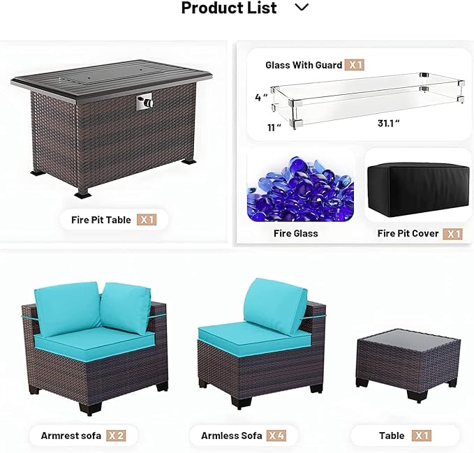 Kullavik 8 Pieces Outdoor Patio Furniture Set with 43" Gas Propane Fire Pit Table PE Wicker Rattan Sectional Sofa Patio Conversation Sets,Blue