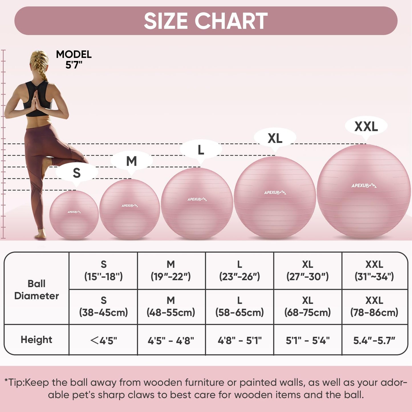 APEXUP Yoga Ball Exercise Ball, Anti Slip Stability Ball Chair, Heavy Duty Large Gym Ball for Fitness, Balance, Core Workout and Physical Therapy (M (19"~22) 55cm, Pink)