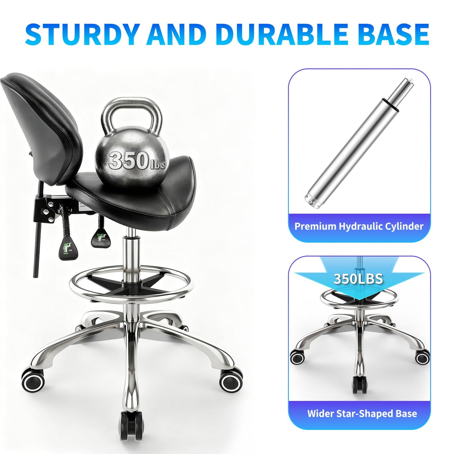 Saddle Chair with Back Support - Adjustable Height with Foot Rest，350 LBS Capacity Ergonomic，360° Swivel Drafting Chair for Salon，Spa，Massage，Tattoo，Facial lash，Home, Dentist Clinic (Black)