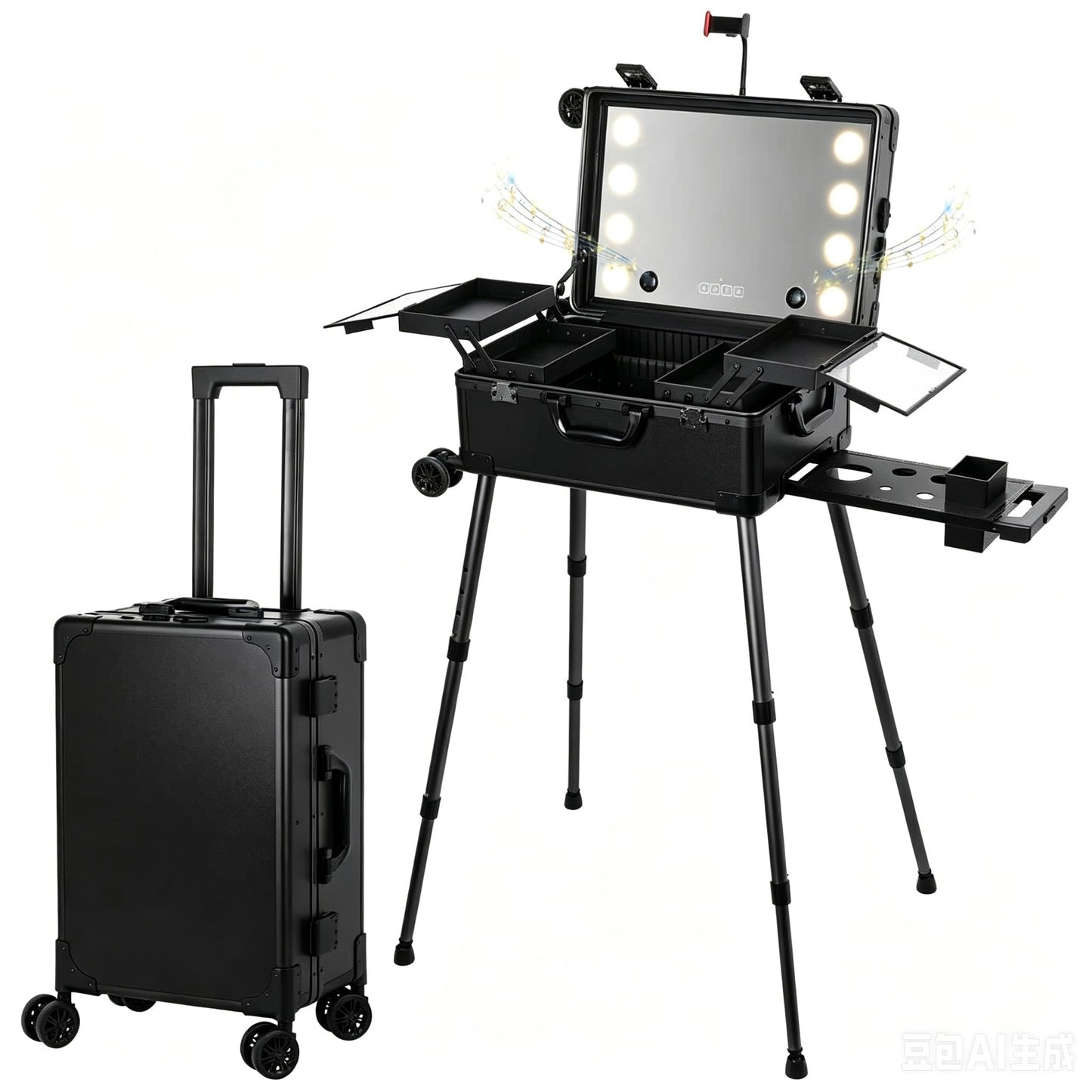 Aiborke Rolling Makeup Train Case with Lighted Mirror and Bluetooth Speaker Professional Cosmetic Organizer Case with Wheels, Stands Portable Makup Station Vanity for Travel (Standard Black, Small)