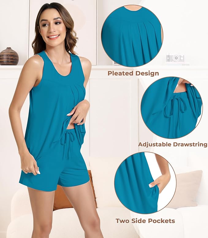 NACHILA Pajamas for Women-Viscose from Bamboo, Ribbed Racerback Tank Top Sexy Split Shorts Pajama Sets Cooling Sleep Cami Pjs