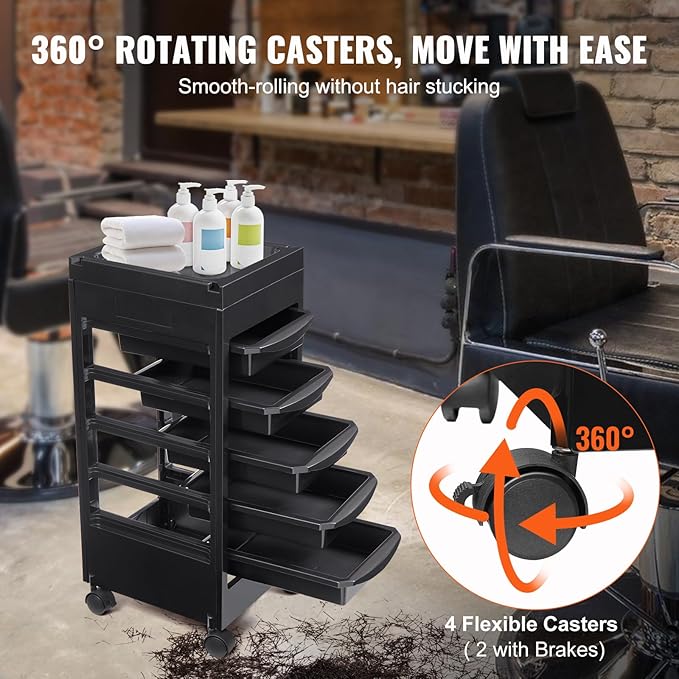 VEVOR Beauty Salon Trolley Cart, Plastic Salon Rolling Cart for Stylist with 5 Removable Drawers & Dryer Holder, Rolling Hairdressing Cart with 4 Wheels (2 Lockable) for Beauty SPA Barbershop