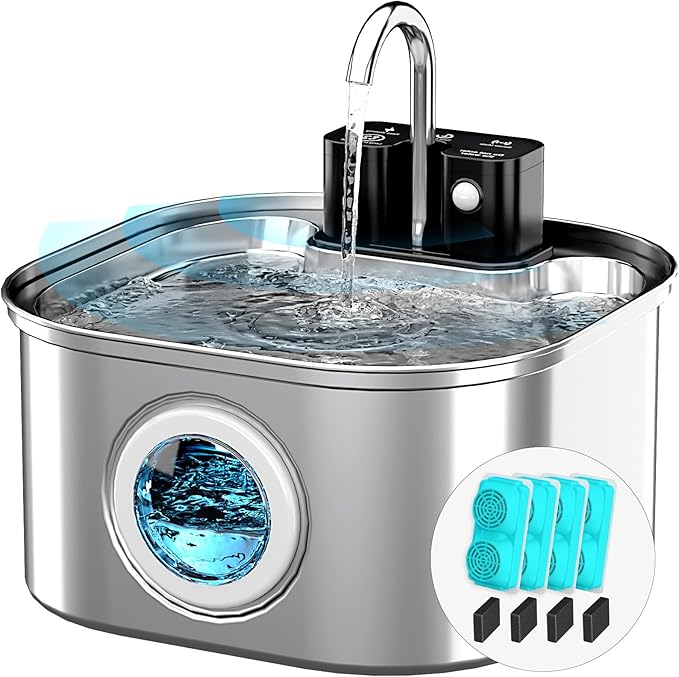 Lawfery Wireless Cat Water Fountain Stainless Steel with 4 Filters & 4 Sponges, 3.2L/108oz Battery Operated Pet Fountain, ...
